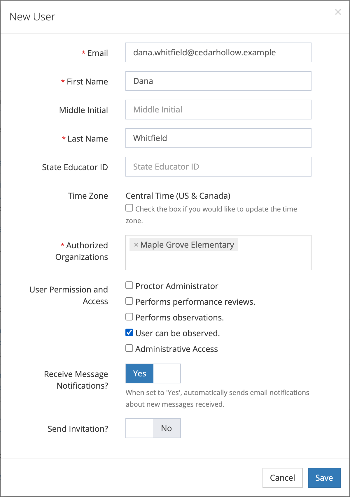 The New User window for Dana Whitfield, with Email, First Name, Last Name, Maple Grove Elementary in Authorized Organizations, User can be observed. checked, Receive Message Notifications? set to Yes, and Send Invitation? set to No.