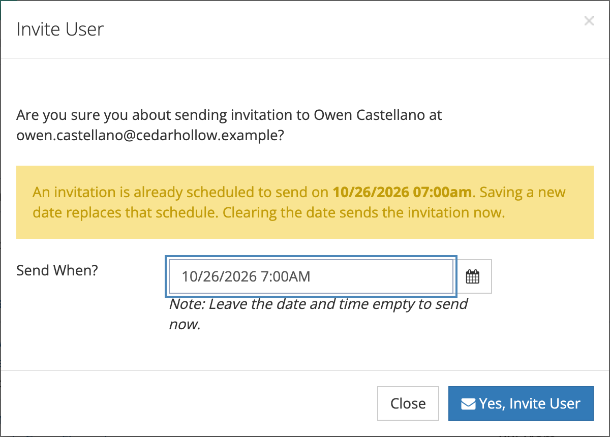 The Invite User window for Owen Castellano, with a notice that an invitation is already scheduled to send on 10/26/2026 07, and Send When? prefilled with that date.