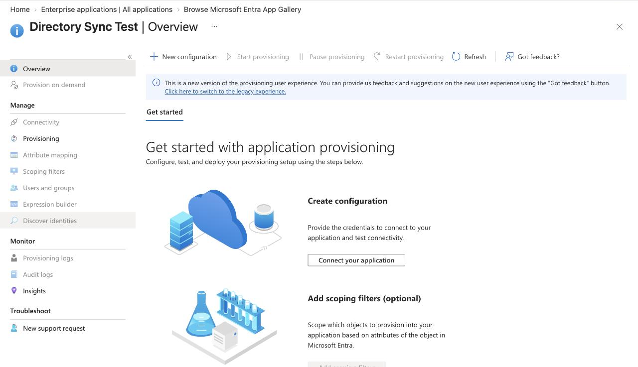 The app's Provisioning overview in Entra, with a Connect your application button