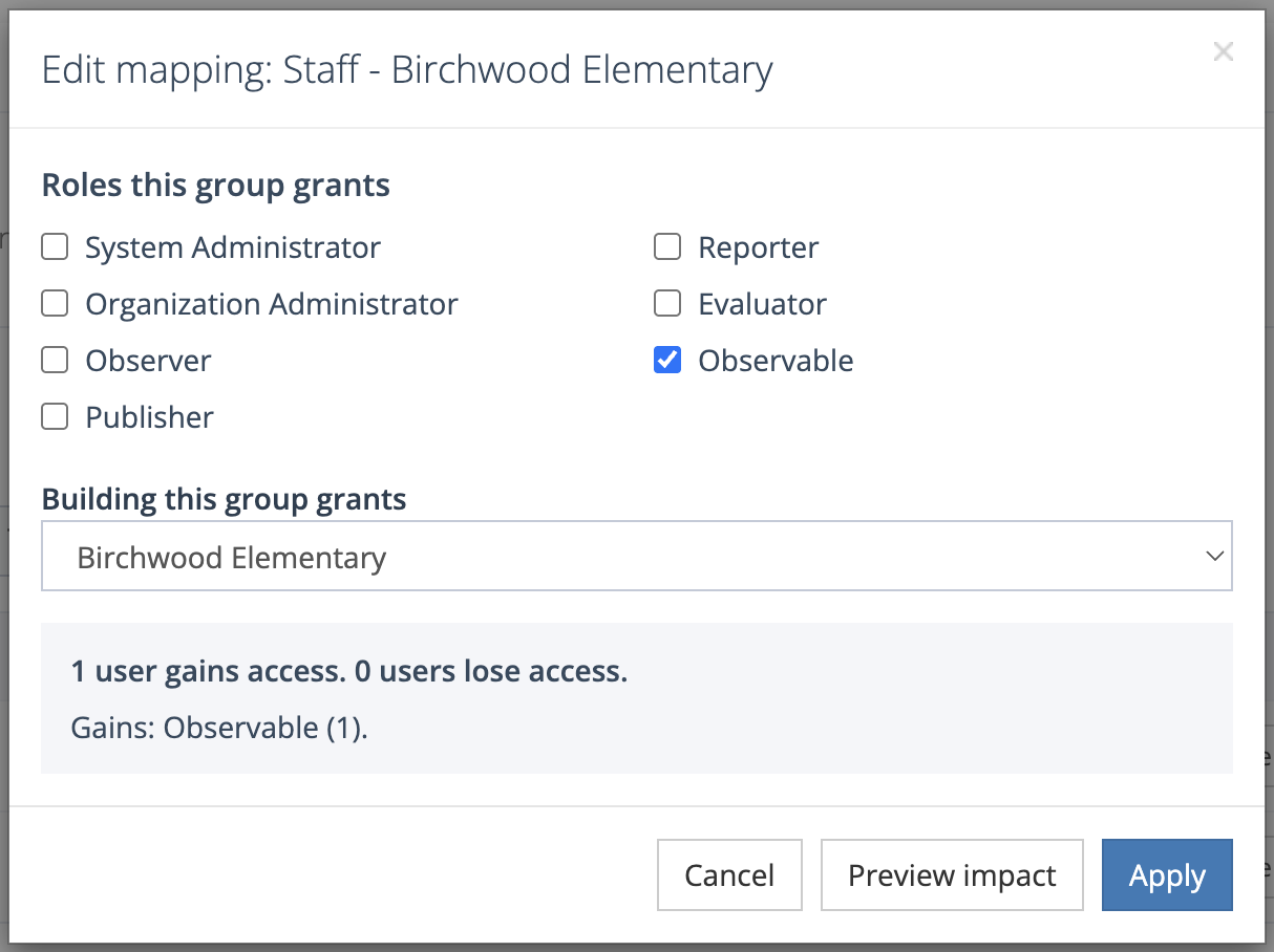 The Edit mapping window for a building group, with the Observable role checked, a building chosen, and a preview showing one user gains access
