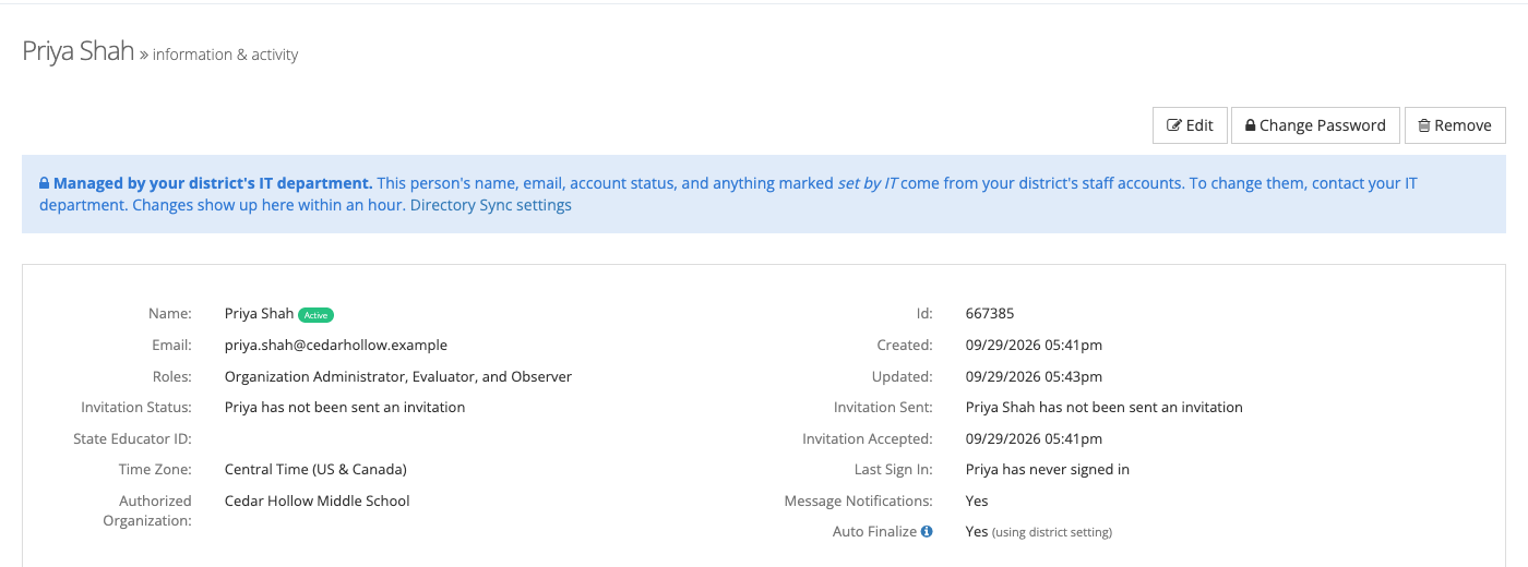 A user's page with the Managed by your district's IT department notice above their details
