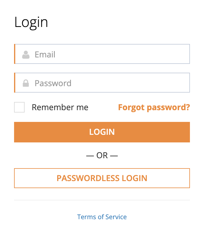 The Login form with Email and Password fields, a Remember me checkbox, the Forgot password? link, the Login button, a Passwordless Login button, and a Terms of Service link