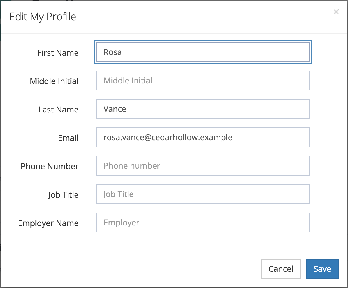 The Edit My Profile window with fields for First Name, Middle Initial, Last Name, Email, Phone Number, Job Title, and Employer Name, and Cancel and Save buttons