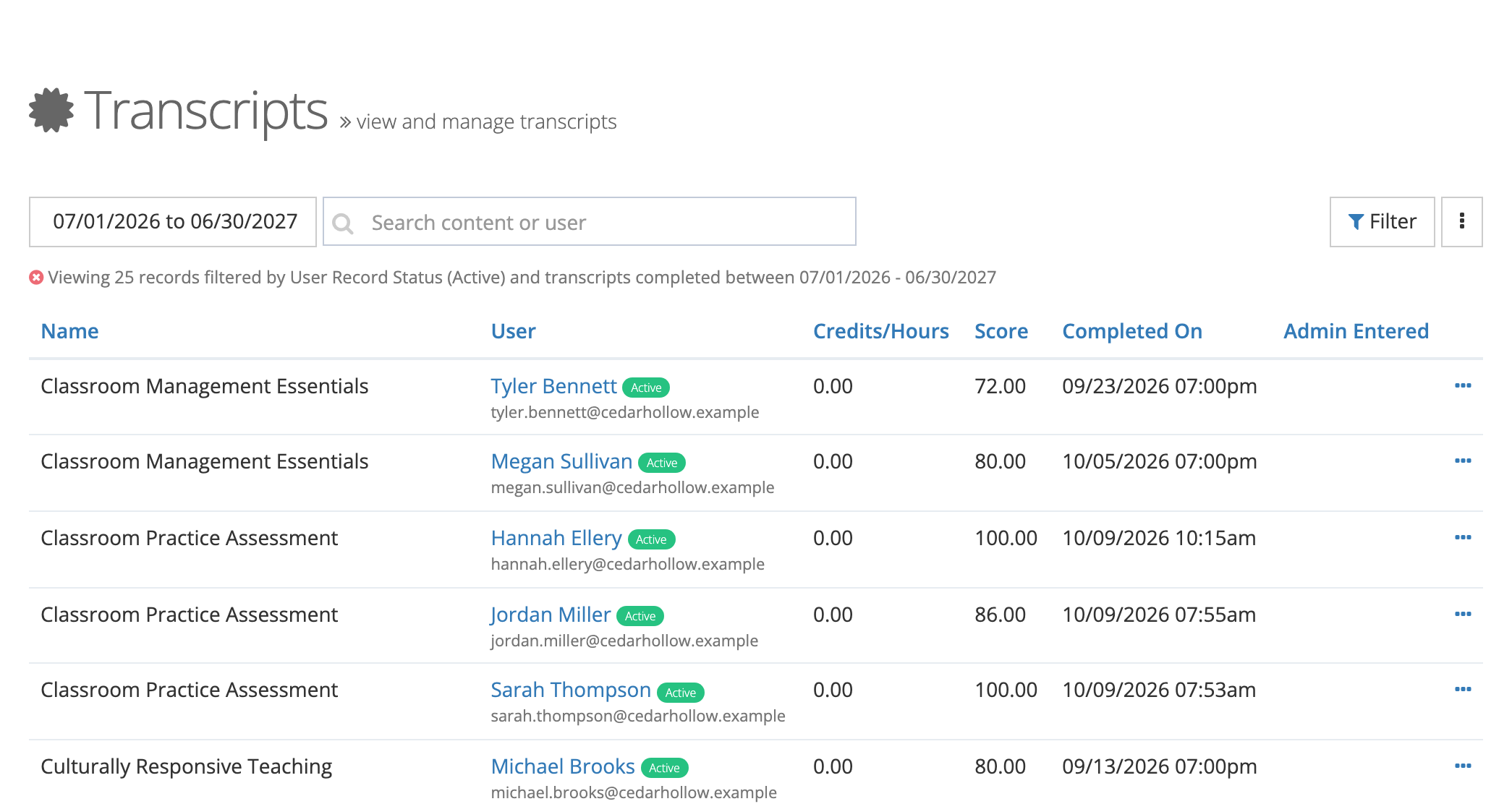 The Transcripts page with a date range button reading 07/01/2026 to 06/30/2027, a Search content or user box, Filter and more-actions buttons, a note that 25 records are filtered by User Record Status (Active) and completion date, and rows such as Classroom Management Essentials for Tyler Bennett with a score of 72.00.