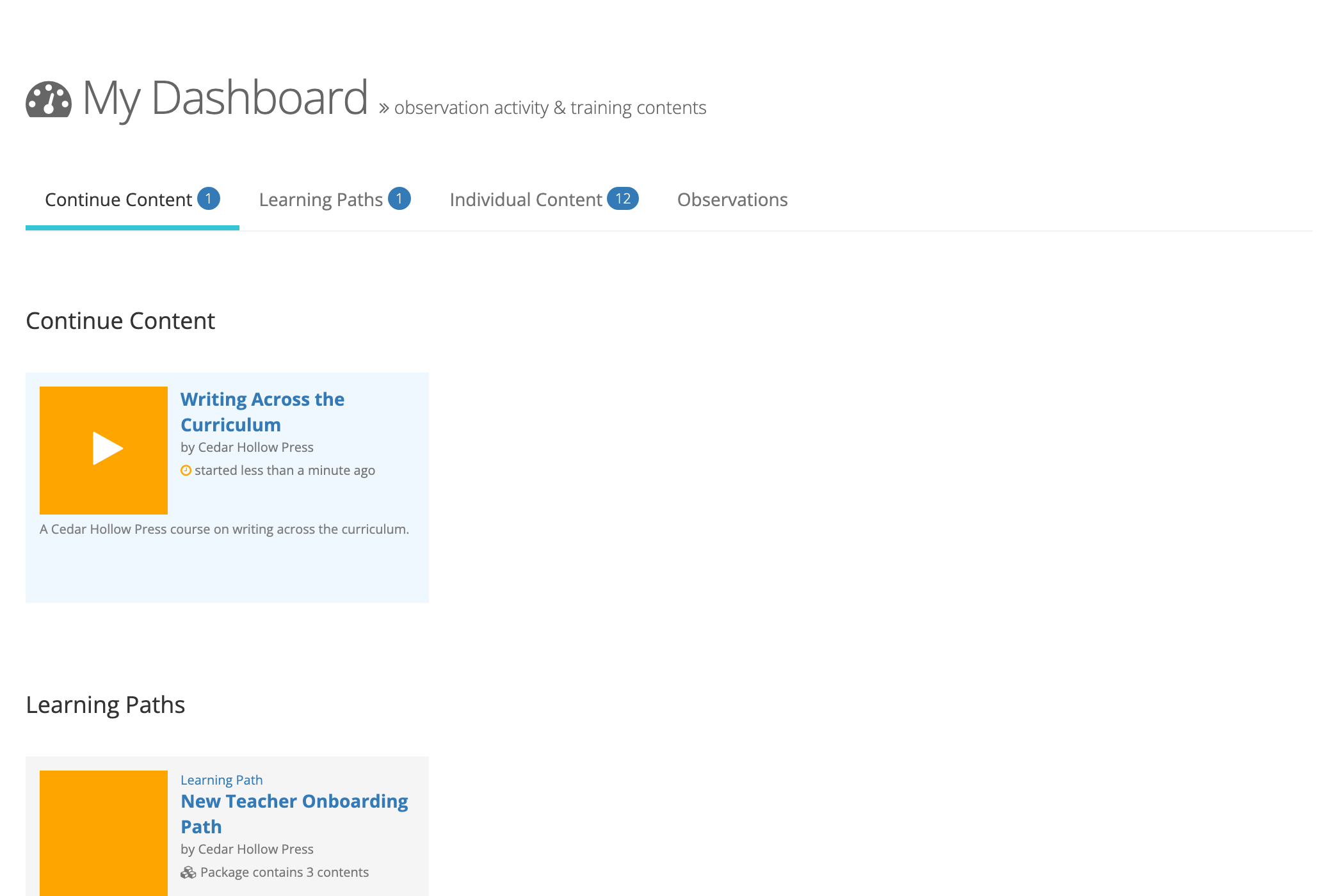 My Dashboard showing the Continue Content, Learning Paths, Individual Content, and Observations tabs, with an in-progress course card under Continue Content