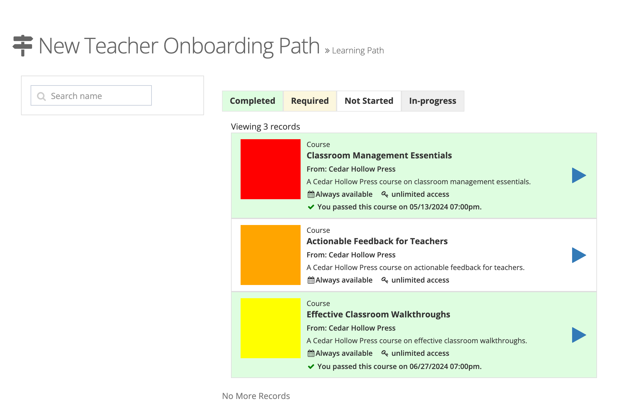 The New Teacher Onboarding Path learning path page with the Search name box on the left, the Completed, Required, Not Started, and In-progress buttons, and three course cards