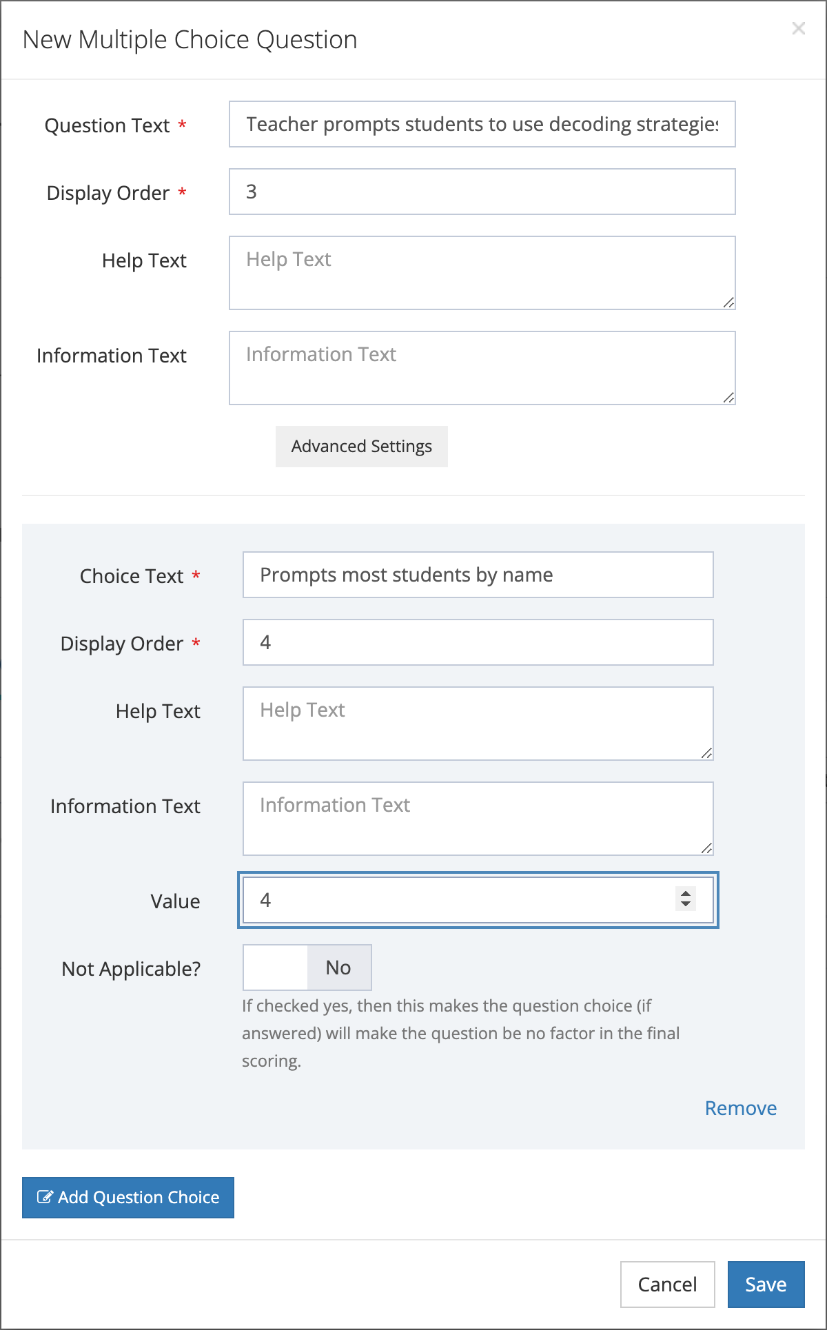 The New Multiple Choice Question window with question text, display order 3, and one answer choice with a value of 4 and Not Applicable set to No