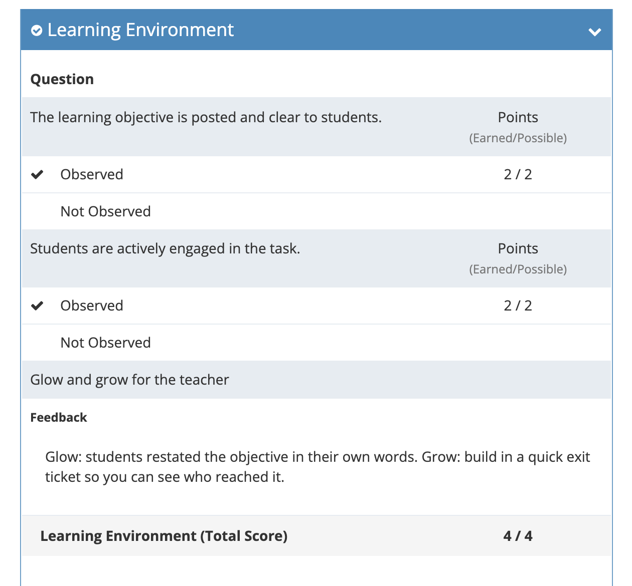 The Learning Environment section panel: two questions with Observed checked at 2 / 2 points each, written feedback on the Glow and grow question, and Learning Environment (Total Score) 4 / 4.