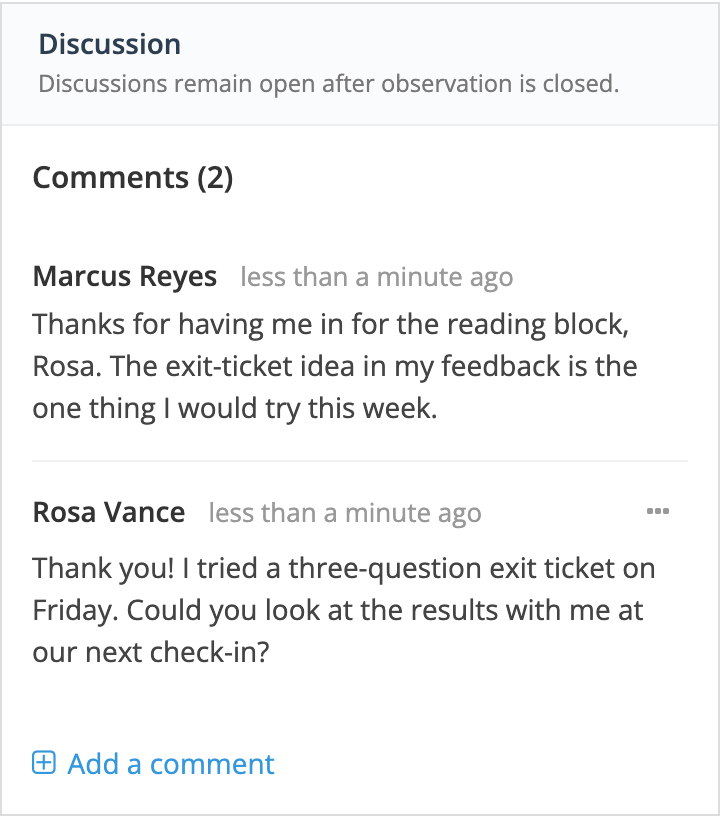 The Discussion panel with Comments (2): Marcus Reyes thanks Rosa for the visit and points to the exit-ticket idea, and Rosa Vance replies that she tried a three-question exit ticket and asks to review the results at their next check-in, followed by Add a comment.