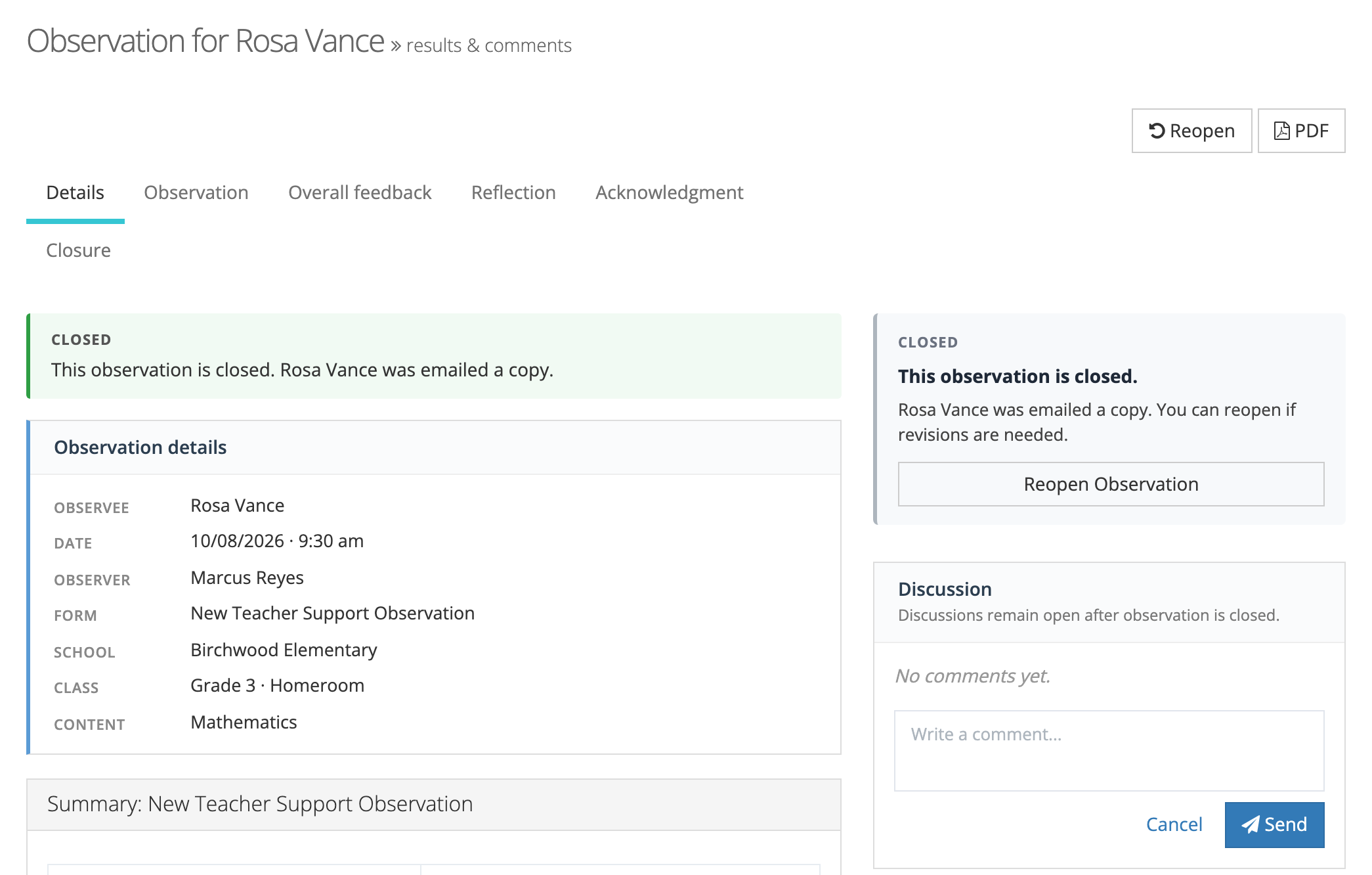 A closed observation: the Closed status band says Rosa Vance was emailed a copy, the toolbar shows Reopen and PDF, and the right column offers Reopen Observation.