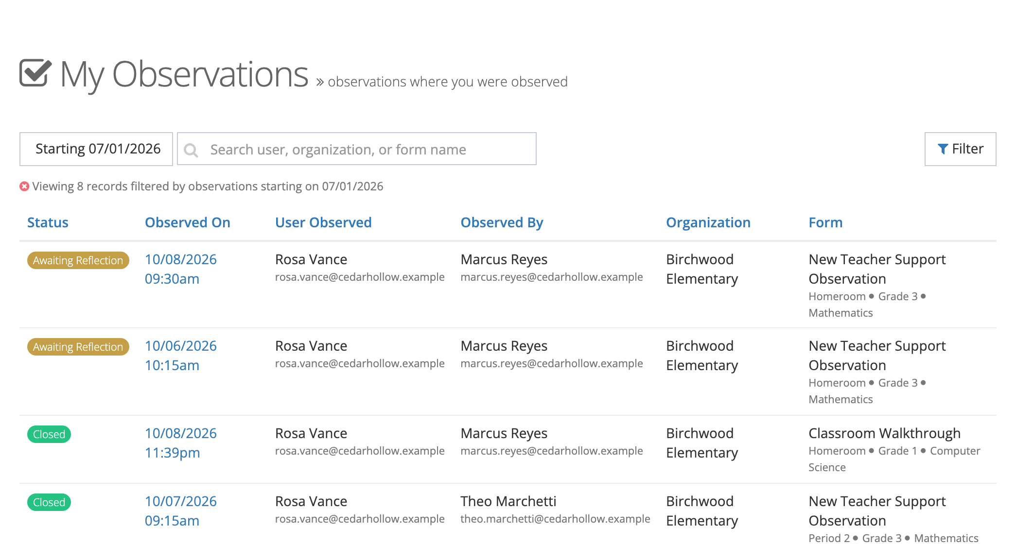 My Observations for Rosa Vance: two New Teacher Support Observations marked Awaiting Reflection above closed Classroom Walkthrough and New Teacher Support observations, with Status, Observed On, User Observed, Observed By, Organization, and Form columns.