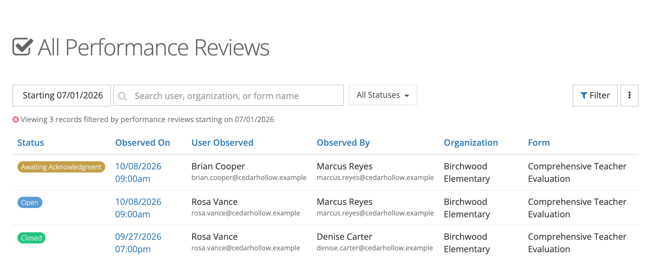 The All Performance Reviews list starting 07/01/2026 with search, All Statuses, and Filter controls, and three reviews at Birchwood Elementary: Brian Cooper awaiting acknowledgment, Rosa Vance open, and an earlier closed review of Rosa Vance.