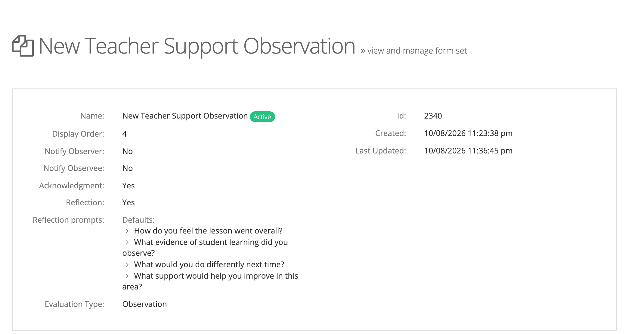 A Form Set page showing Acknowledgment: Yes, Reflection: Yes, and the four default reflection prompts