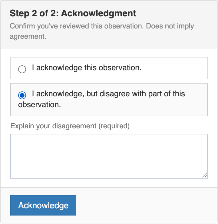 The acknowledgment form with the disagree statement selected and the Explain your disagreement (required) box open above the Acknowledge button