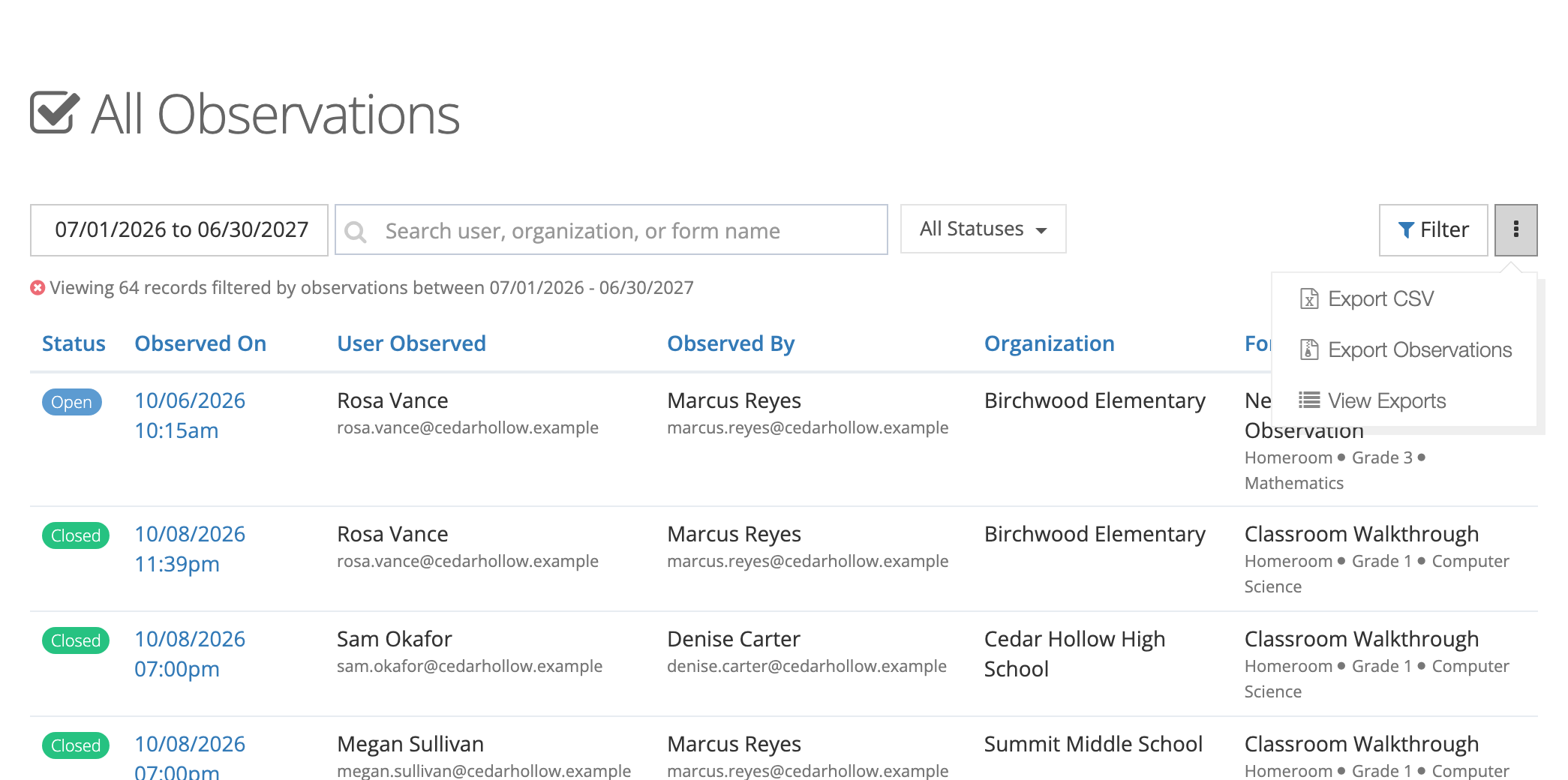The All Observations list with the ⋮ menu open, showing Export CSV, Export Observations, and View Exports.