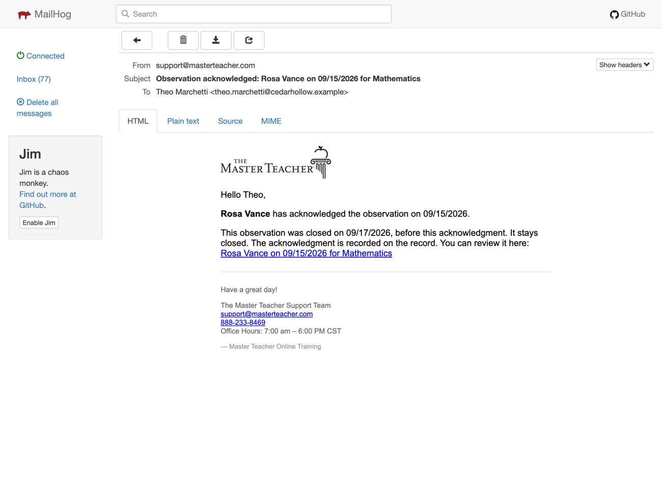 The acknowledgment notification email, explaining that the observation was already closed